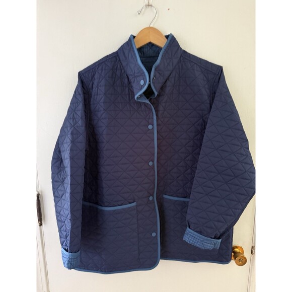 Lands End Women Size XL Jacket Coat Snap Down Blue Quilted Plaid Reversible - Picture 1 of 8